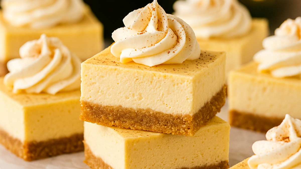 Creamy eggnog cheesecake bars sliced on parchment paper with nutmeg sprinkled on top.
