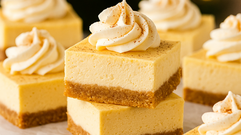 Creamy eggnog cheesecake bars sliced on parchment paper with nutmeg sprinkled on top.