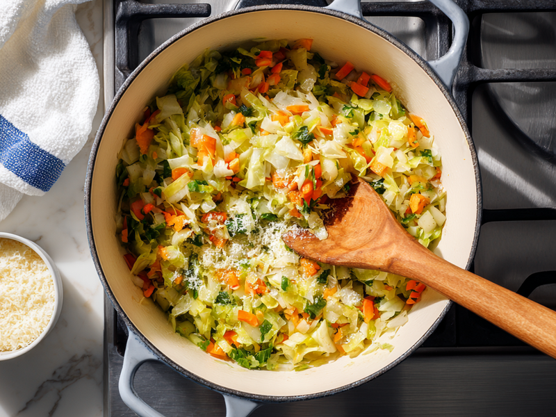 Minced garlic being stirred into sautéed vegetables in a Dutch oven for bolognese sauce