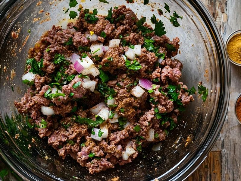 Combine the lamb, grated onion, garlic, spices, herbs, salt, and pepper in a bowl and knead for a fu