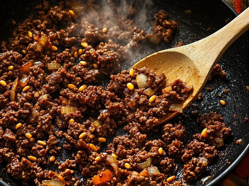 Ground beef browning with diced onion, garlic and pine nuts in a hot skillet, deeply caramelized in patches