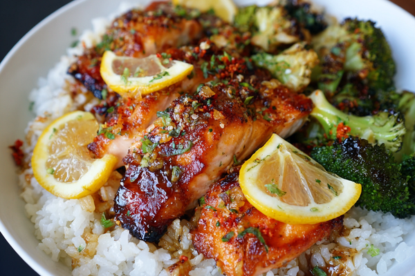 Honey garlic salmon rice bowl with steamed rice, glazed salmon, and fresh vegetables