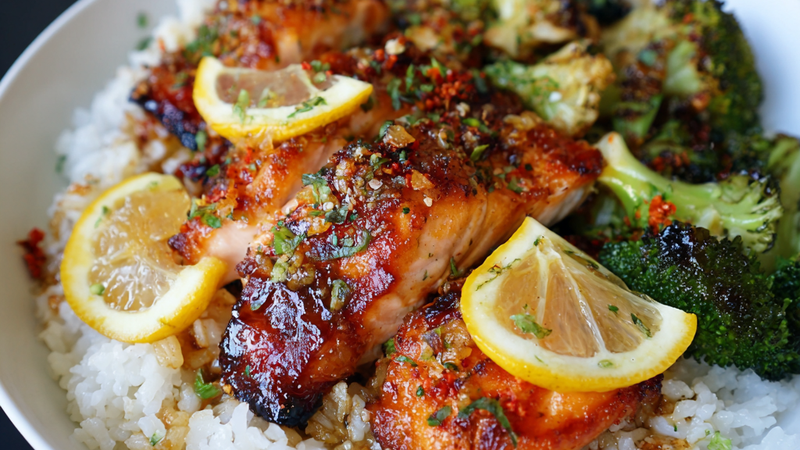 Honey garlic salmon rice bowl with steamed rice, glazed salmon, and fresh vegetables