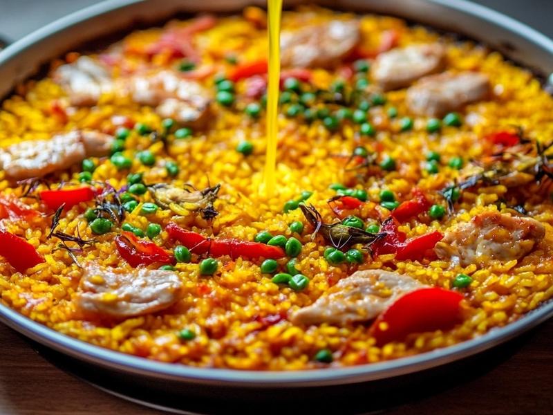 Golden saffron stock poured over an even layer of rice in the pan