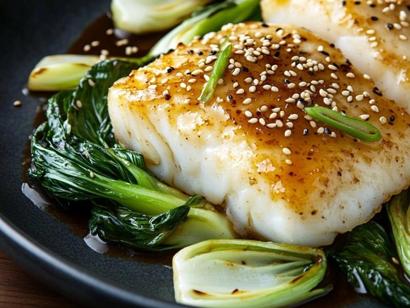 Plate the cod over the sesame bok choy, spoon any pan glaze on top, and shower with toaste
