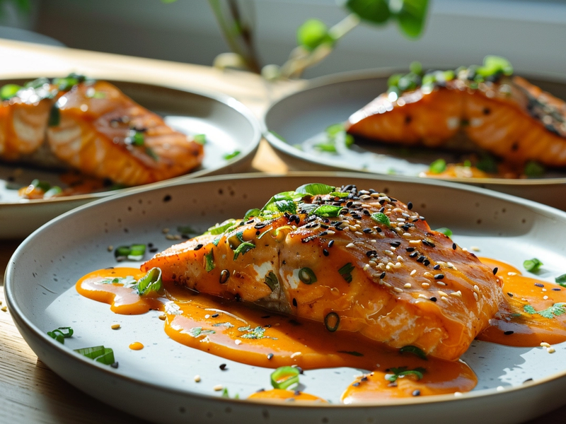 Three bang bang salmon variations including classic, lighter yogurt-based, and extra spicy