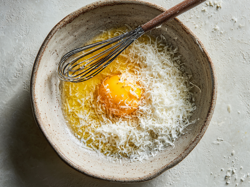 Whisked egg and Parmesan cheese in a bowl for Italian penicillin soup.