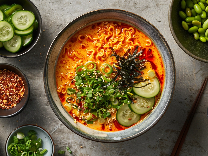 Creamy gochujang ramen soup with noodles, tofu, and soft-boiled egg topped with scallions and sesame