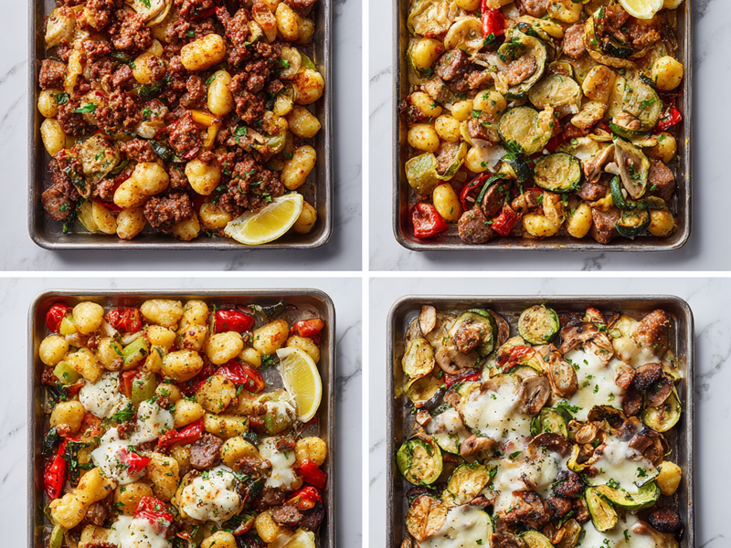 Four variation ideas for sheet-pan gnocchi including spicy, chicken sausage, extra vegetables, and mozzarella