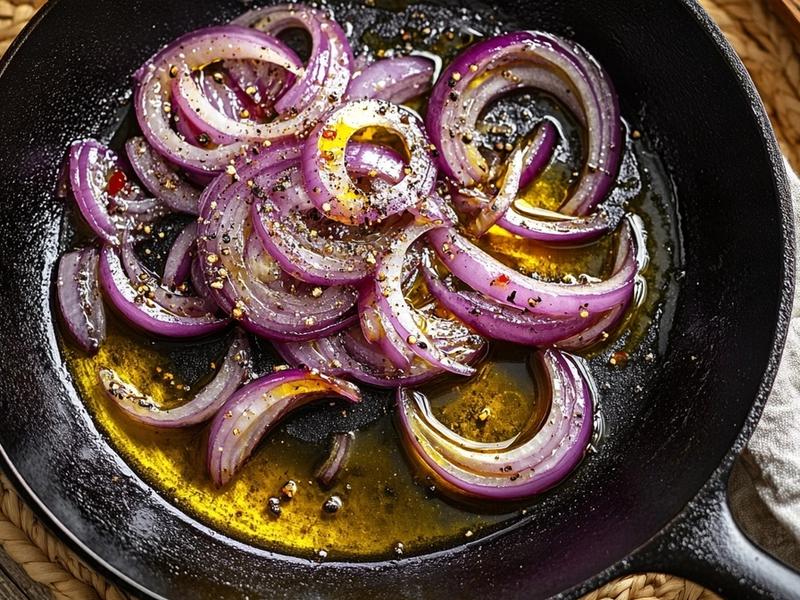 Sliced red onions softening in olive oil in a skillet until glossy
