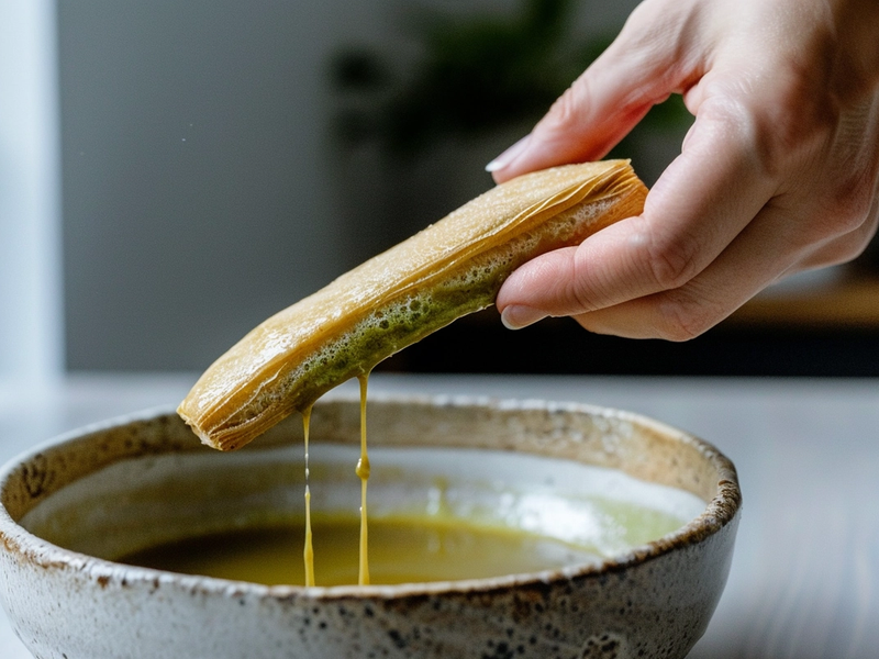 Dipping ladyfingers into cooled matcha soak for matcha tiramisu