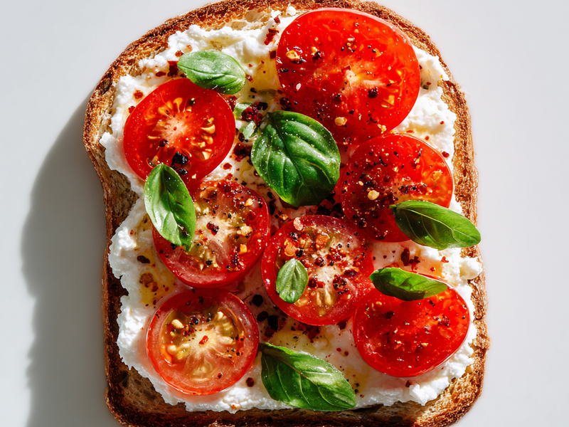 Overhead top-down realistic editorial food photo of cottage cheese tomato toast finished with fresh basil leaves and optional red pepper flakes, olive oil sheen, clean minimal styling, bright diffused daylight, crisp detail, no text no numbers no watermark no logo --ar 3:2 --style raw --v 6