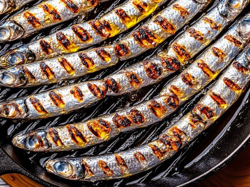 Sardines blistering in a smoking-hot grill pan
