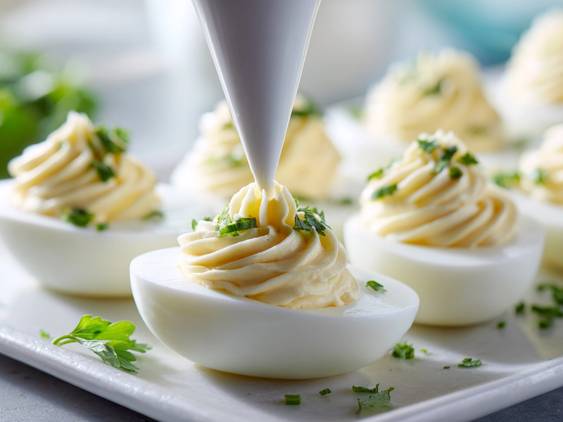 Piping deviled egg filling into egg white halves on a platter