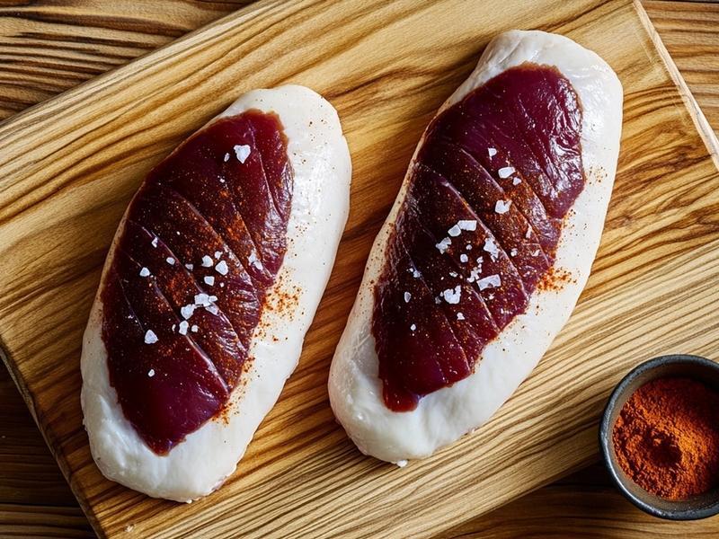 Raw duck breasts with crosshatch-scored skin rubbed with five-spice