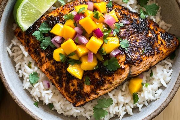 Jamaican Jerk Salmon with Coconut Rice and Mango Salsa