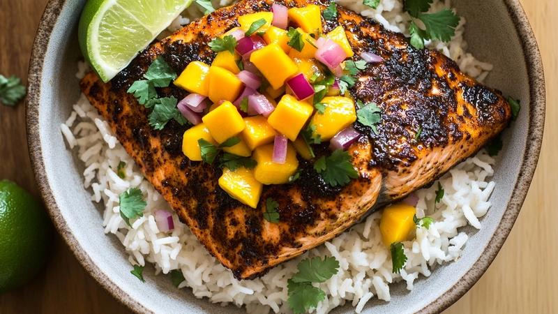 Jamaican Jerk Salmon with Coconut Rice and Mango Salsa