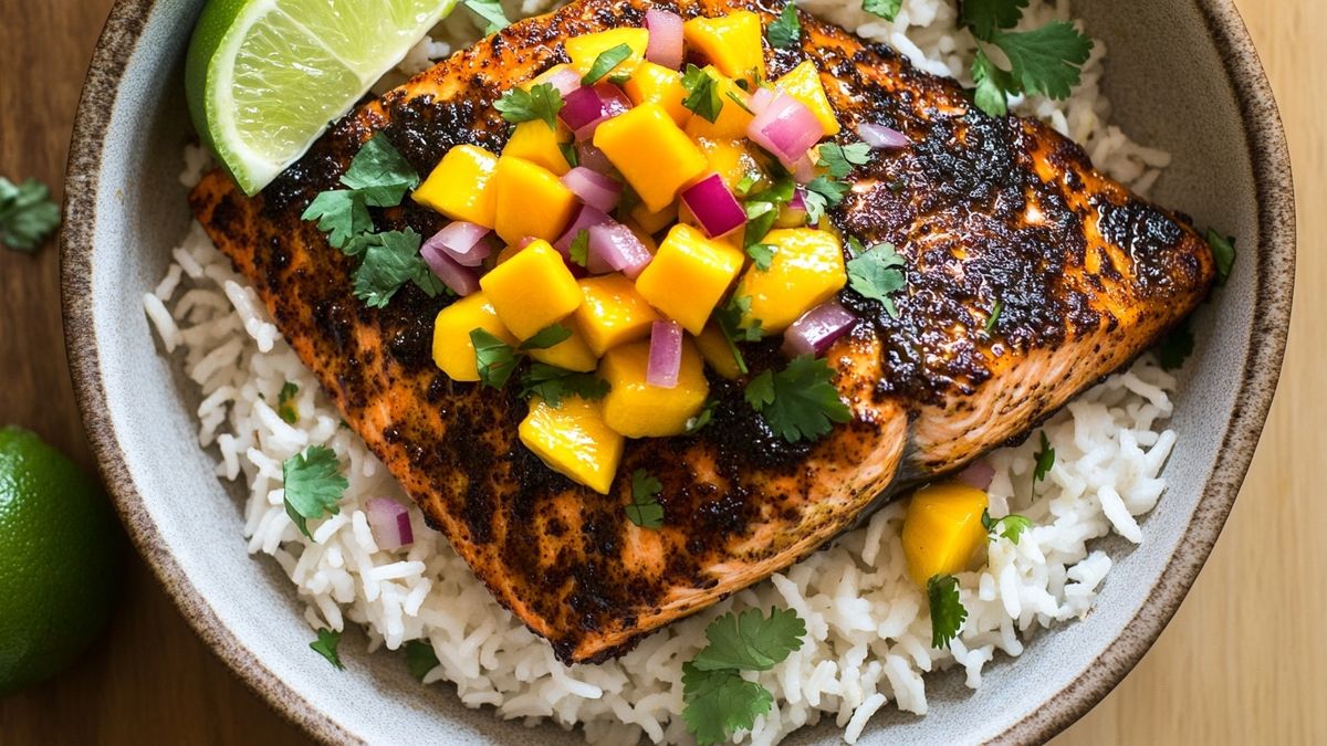 Jamaican Jerk Salmon with Coconut Rice and Mango Salsa