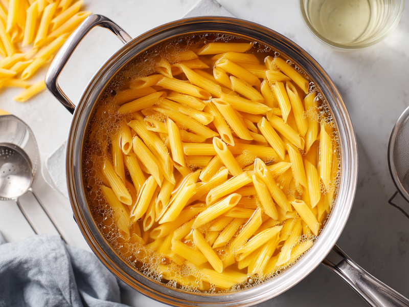 Pasta boiling with reserved pasta water ready for baked feta pasta