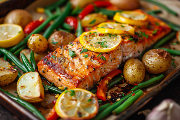 Sheet pan lemon garlic salmon with roasted vegetables fresh from the oven.