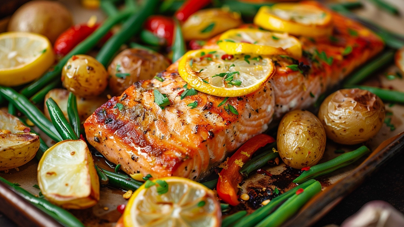 Sheet pan lemon garlic salmon with roasted vegetables fresh from the oven.