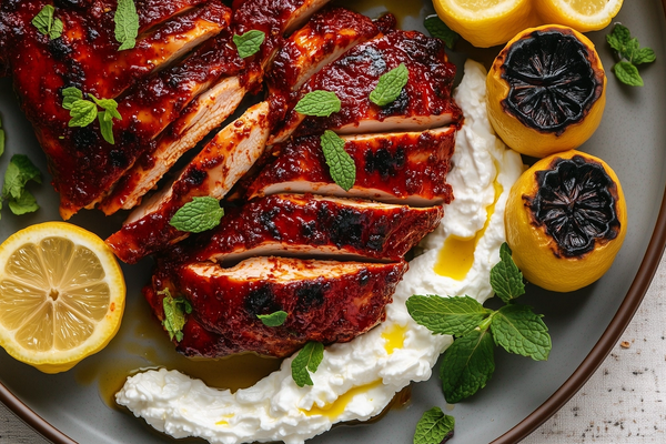 Harissa chicken with whipped feta and charred lemons