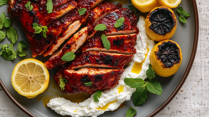 Harissa chicken with whipped feta and charred lemons