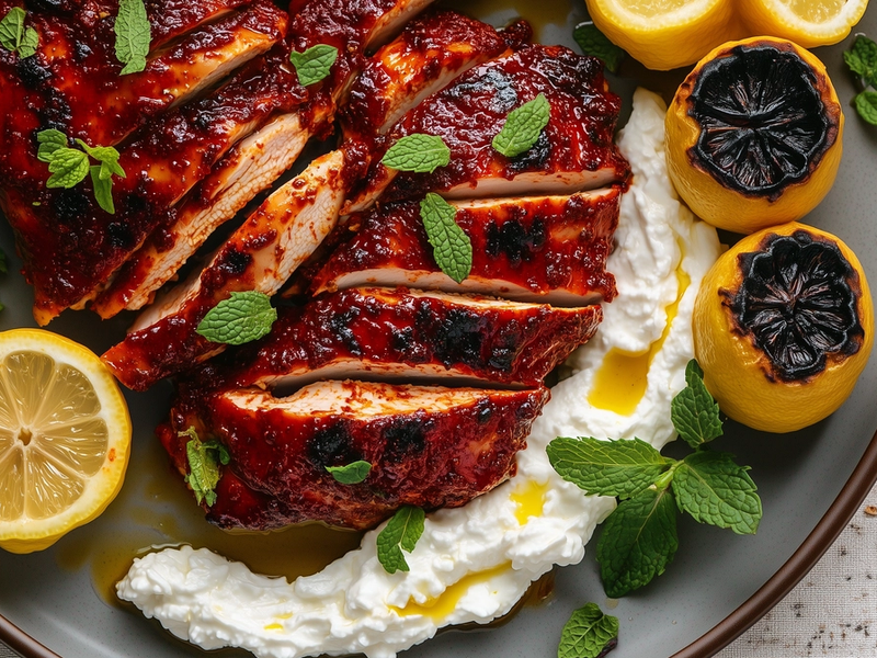 Sliced harissa chicken plated over whipped feta with charred lemons and mint
