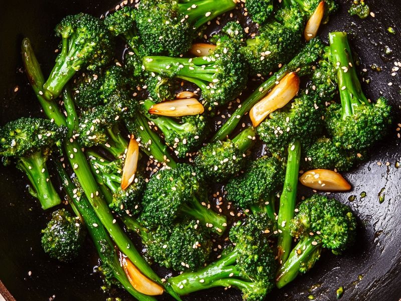 Tenderstem broccoli stir-fried with garlic and sesame seeds