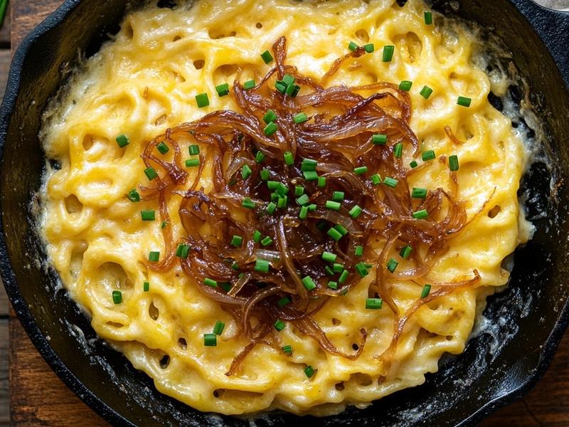 Molten stringy melted cheese spatzle in a cast iron skillet topped with caramelized onions and chopped chives