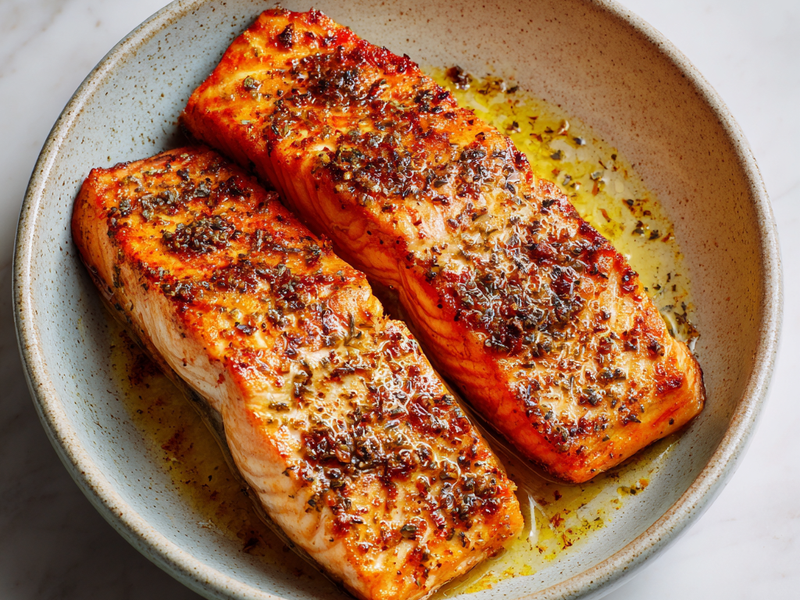 Salmon fillets cooking until golden and flaky in a pan or air fryer.