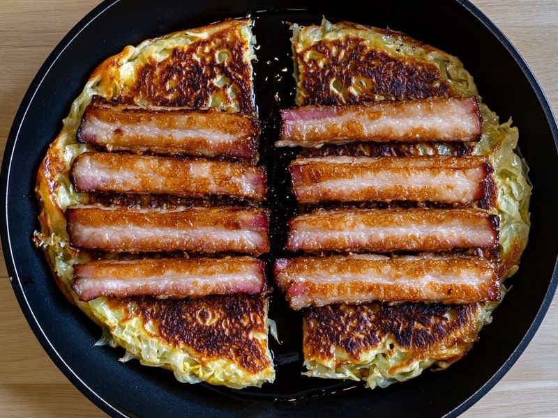 Golden okonomiyaki in a skillet with crispy rendered pork belly on top