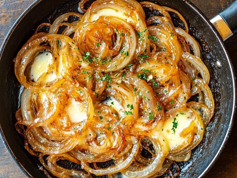 Sliced onions caramelizing to deep amber in a buttery skillet
