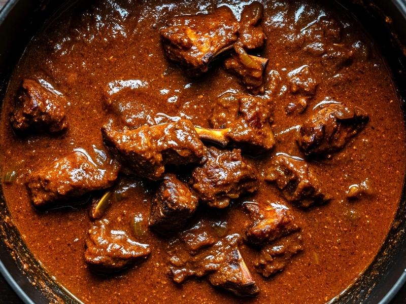Pour in a splash of hot water, cover, and simmer gently, stirring now and then, until the lamb is fork-tender and the gravy reduces to a deep glossy red