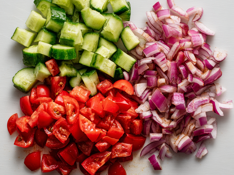 Diced cucumbers, tomatoes, and red onion prepared into small even pieces.