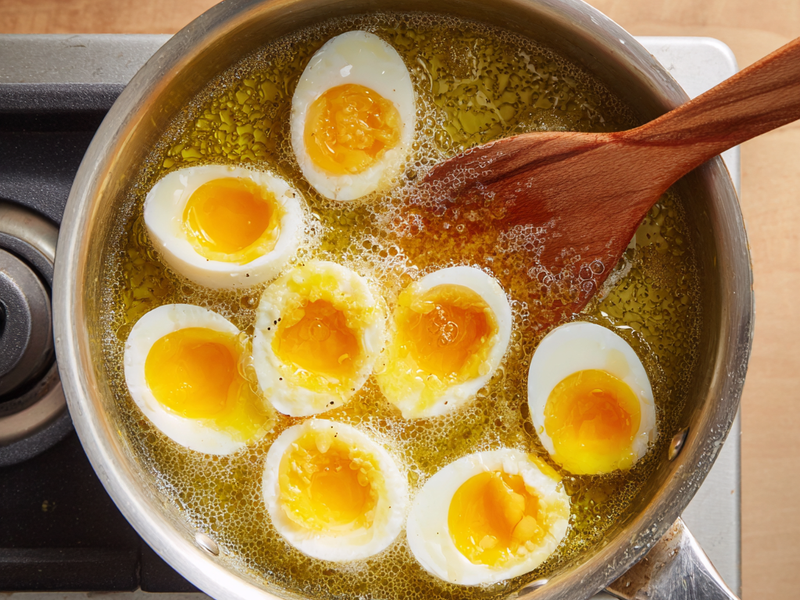 Bring a pot of water to a boil. Add eggs and cook for 6–7 minutes for a jammy center. 