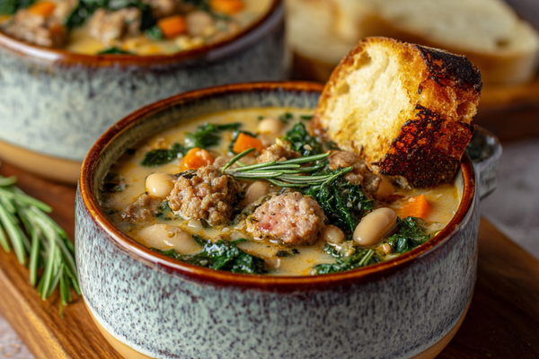 Creamy sausage and white bean soup with spinach served in a rustic bowl.