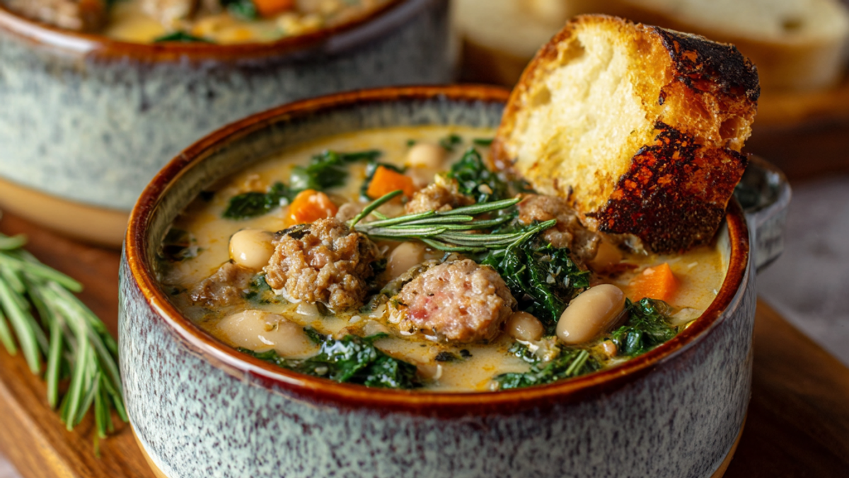 Creamy sausage and white bean soup with spinach served in a rustic bowl.
