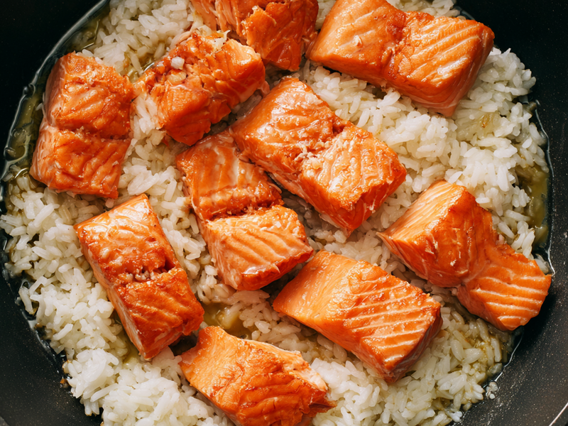 Flaked cooked salmon placed on top of warm rice in a bowl.