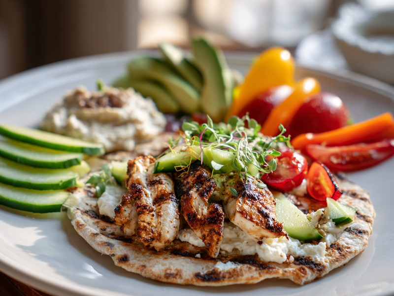 Cottage cheese flatbread served with chicken and fresh vegetables