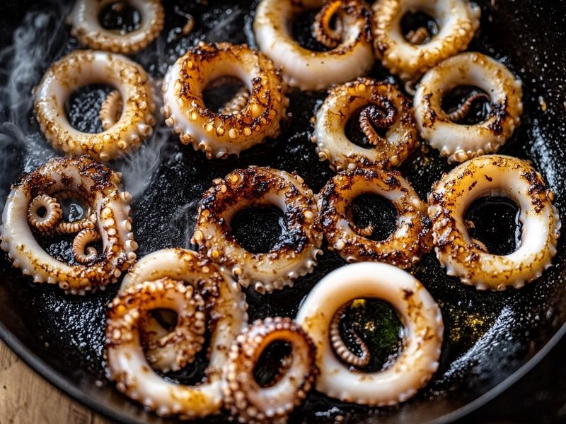 Squid rings searing in a screaming hot skillet with blistered charred curling edges
