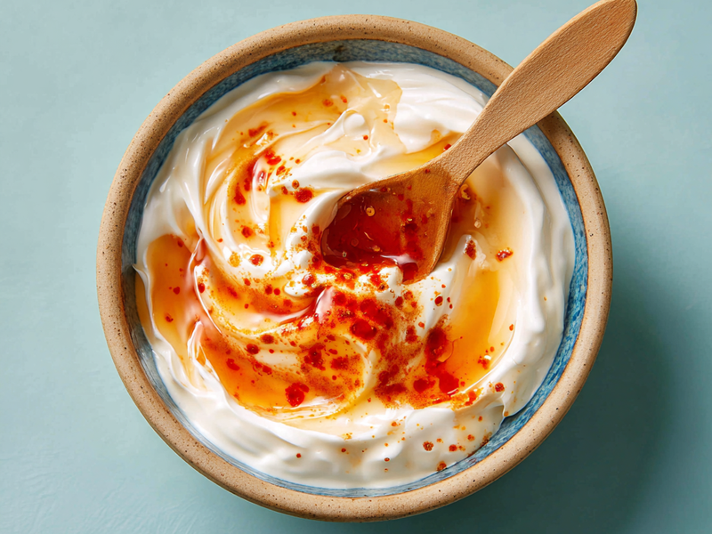 Creamy spicy yogurt sauce being mixed in a small bowl with sriracha, honey, and lemon juice.