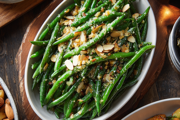 Fresh green beans tossed in garlic butter and topped with toasted almonds.