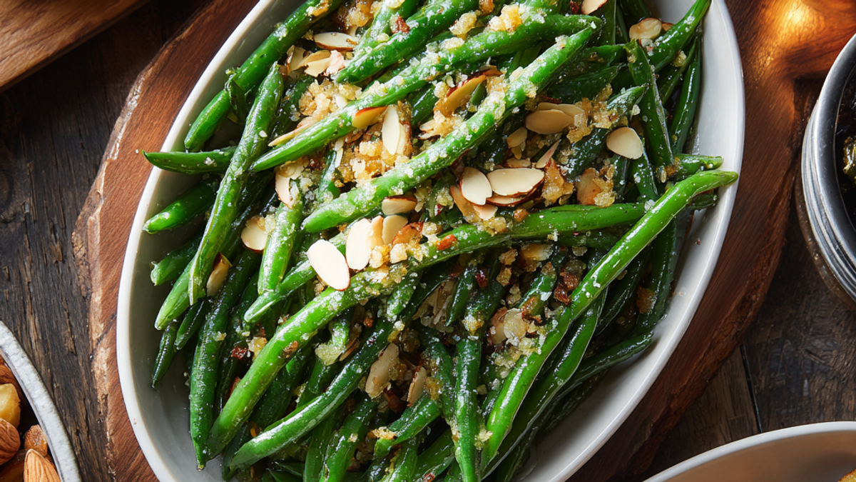 Fresh green beans tossed in garlic butter and topped with toasted almonds.