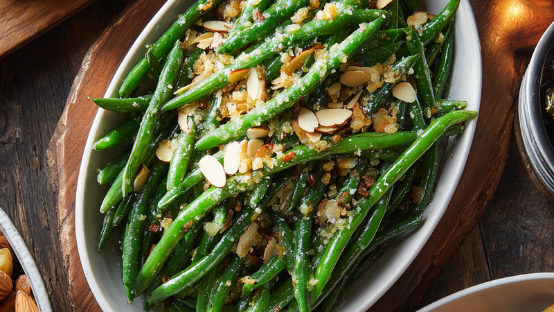 Fresh green beans tossed in garlic butter and topped with toasted almonds.