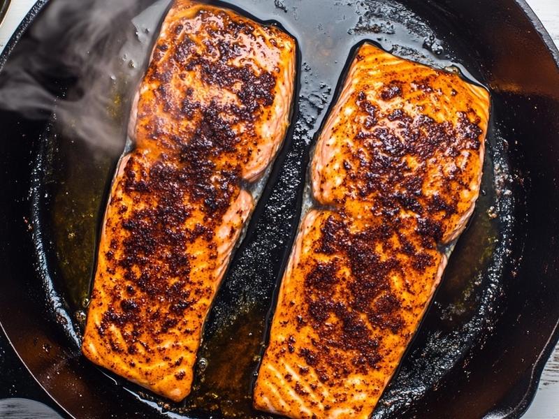 Jerk salmon fillets searing skin-side down in a cast iron skillet