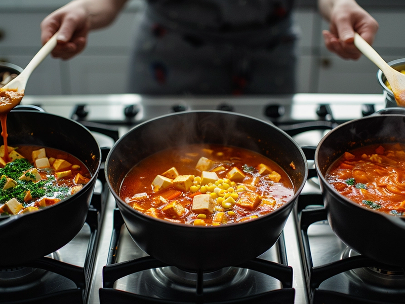 Collage showing ramen variations with chicken, shrimp, mushrooms and corn, and peanut butter stirred into the broth