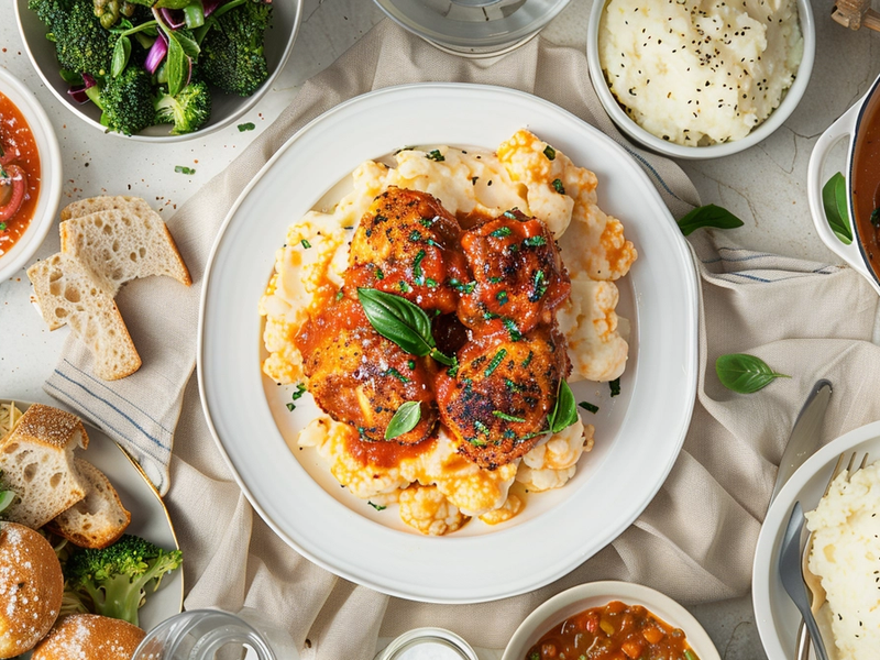 Marry me chicken plated with pasta, mashed potatoes, rice, cauliflower mash, green salad, roasted broccoli, and crusty bread