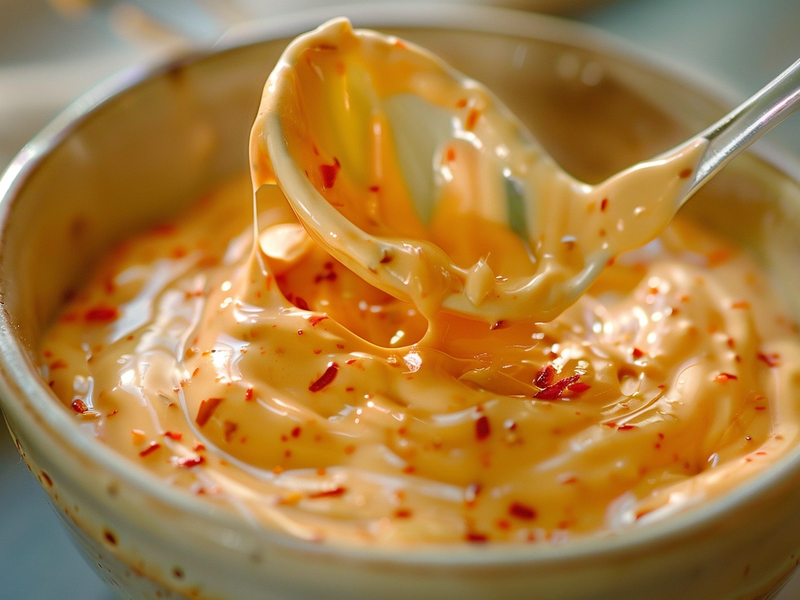 Whisking creamy bang bang sauce made with mayo, sweet chili sauce, and sriracha