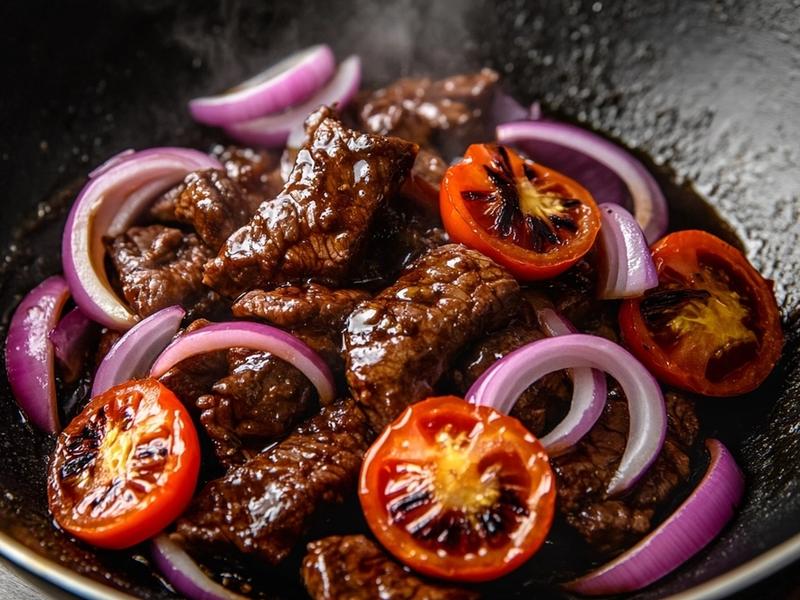 Add the red onion wedges, ají amarillo and tomato wedges to the hot pan and toss